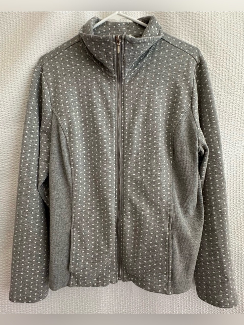 CHICO’S Zenergy Gray White Polka Dot Full Zip Active Jacket Women’s Size 2 Large